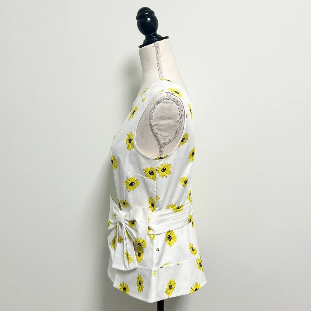 Kate Spade White Yellow Sleeveless Daisy Dot Bow Peplum Top 4 New With Flaws